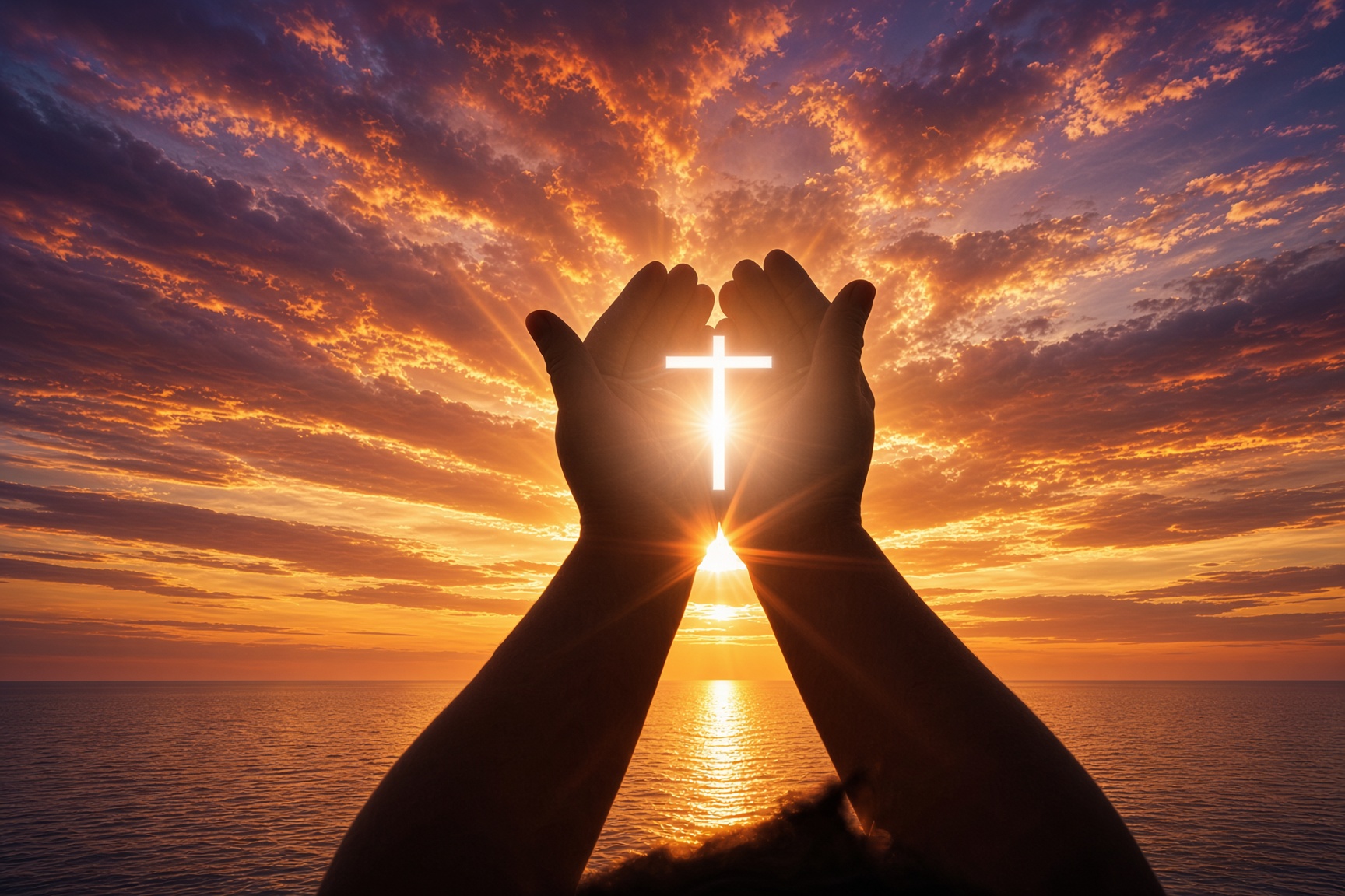 Hands lifted toward a glowing cross at sunrise